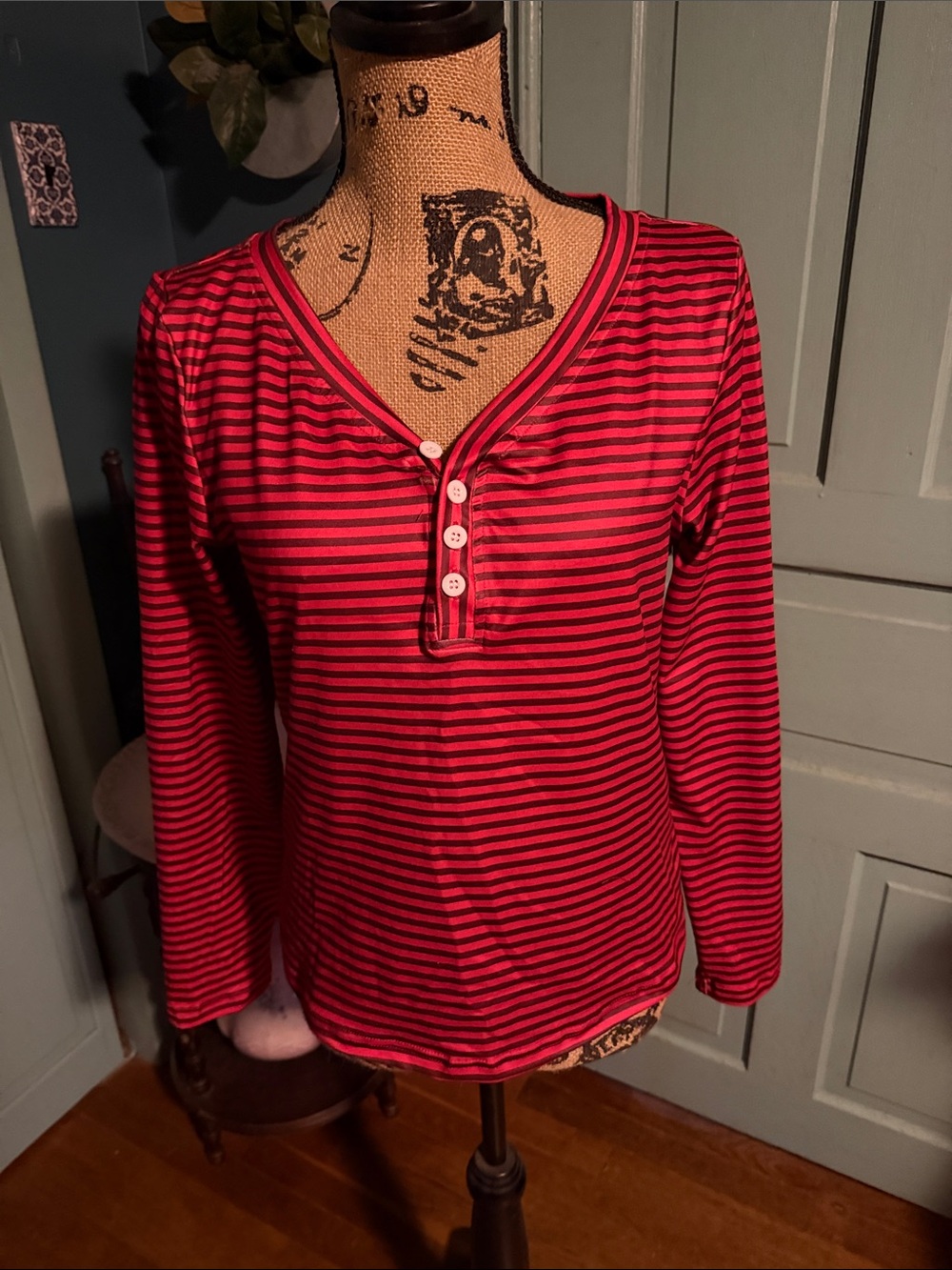 Women's Red & Black Striped Long-Sleeve Henley Top